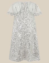 Monsoon x Queens of Archive Cape Sleeve Sequin Party Dress, Silver (SILVER), large