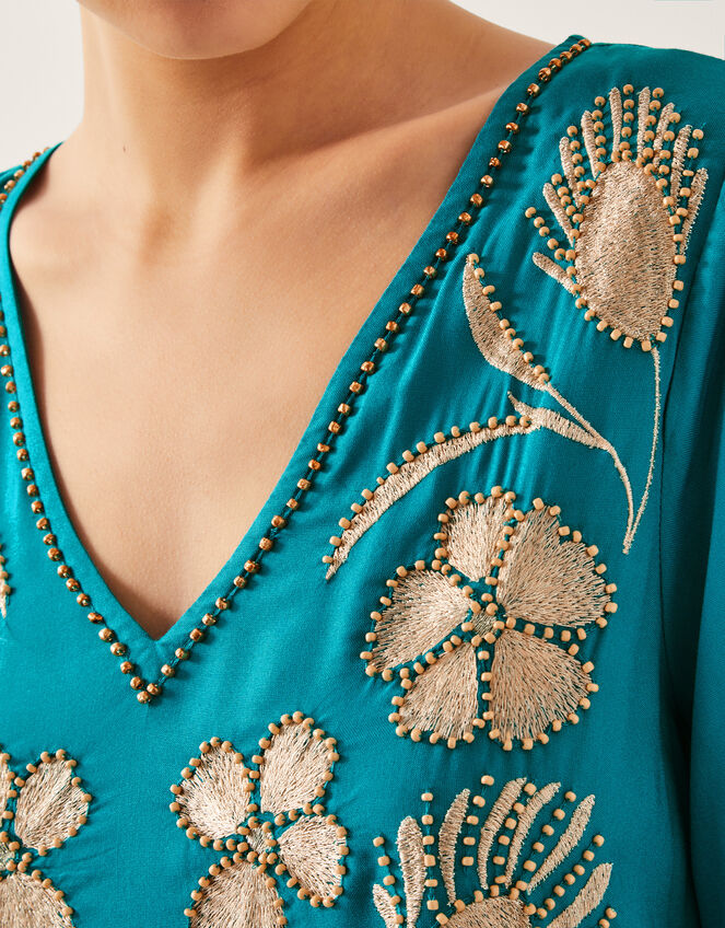 Tracy Floral Embellished Mini Kaftan, Teal (TEAL), large