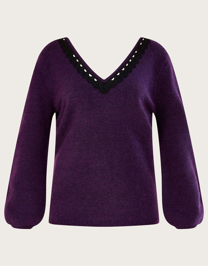 V-Neck Lace Edge Sweater with Recycled Polyester, Purple (PURPLE), large