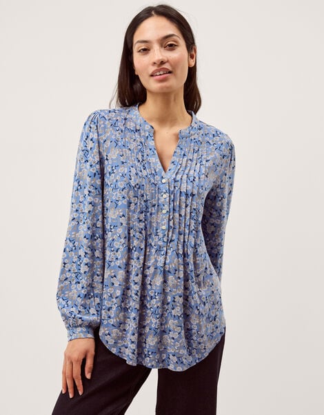 Nina Floral Jersey Blouse, Blue (BLUE), large