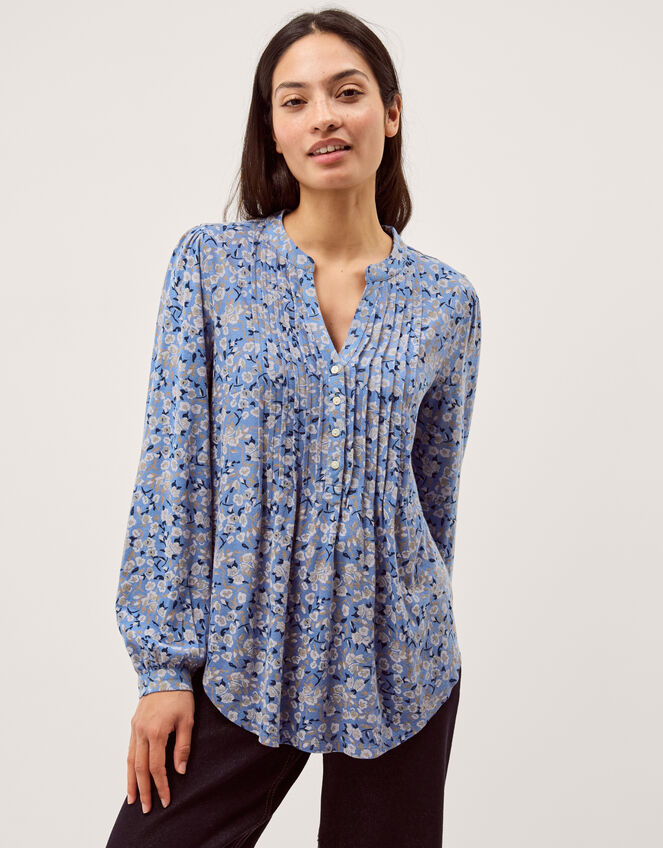 Nina Floral Jersey Blouse, Blue (BLUE), large