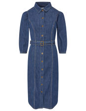 Belted Denim Midi Dress in Organic Cotton, Blue (DENIM BLUE), large