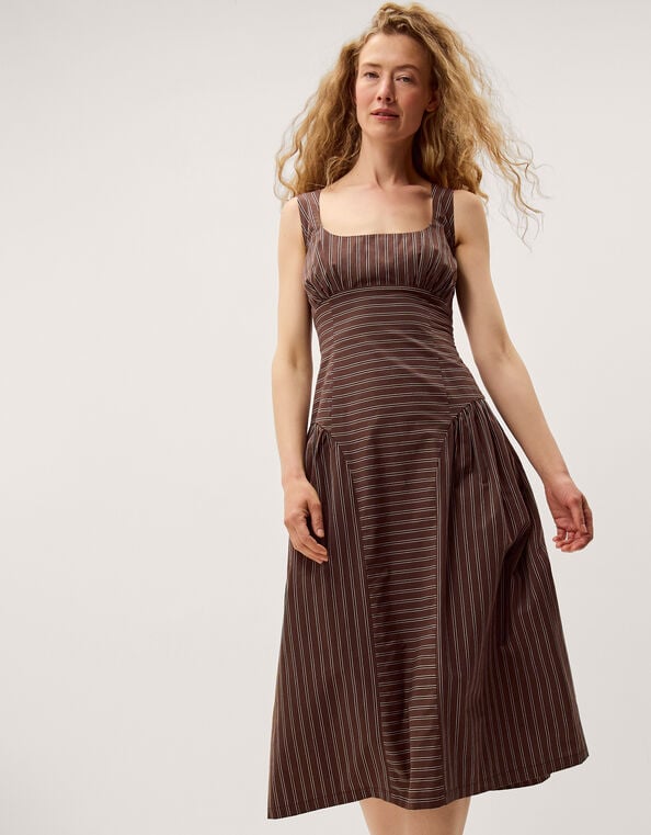 Selena Square Neck Stripe Midi Dress, Brown (CHOCOLATE), large