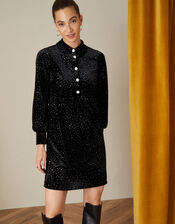 Nessa Button Glitter Velvet Dress, Black (BLACK), large