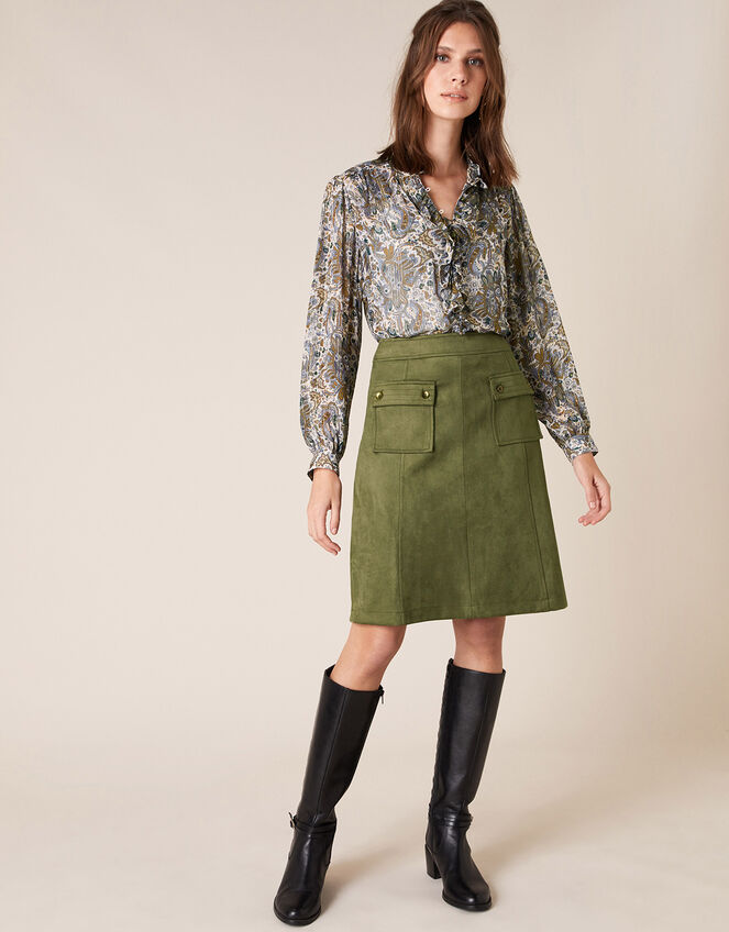Suedette A-Line Skirt with Recycled Fabric, Green (OLIVE), large