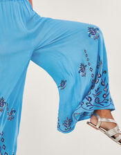 Embroidered Wide Leg Trousers, Blue (BLUE), large