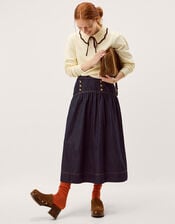 Lucy Button Denim Midi Skirt, Blue (INDIGO), large