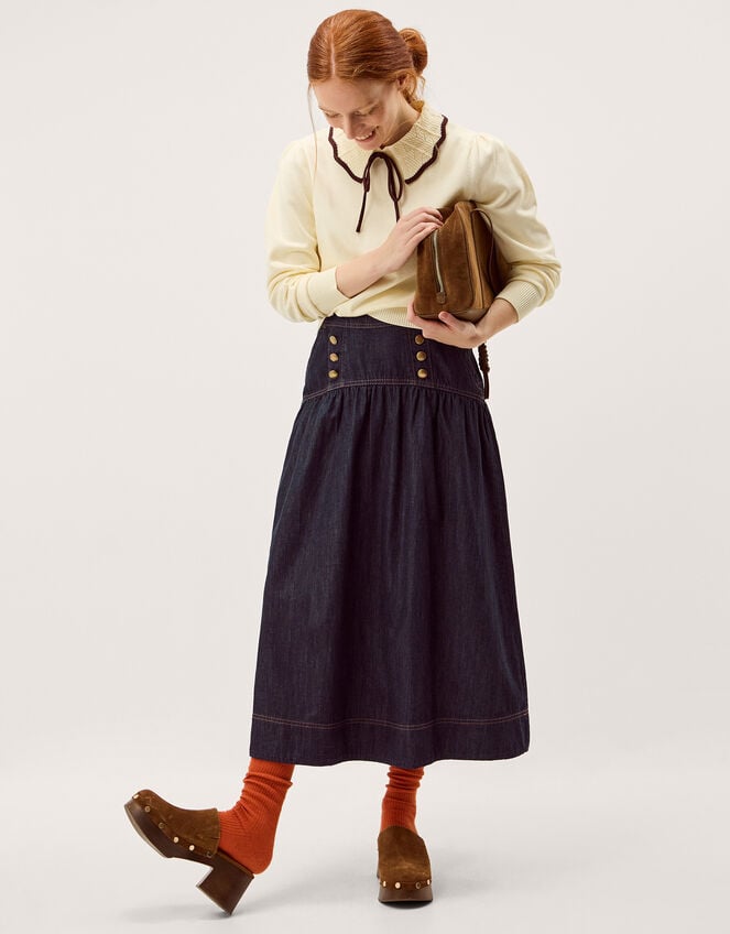 Lucy Button Denim Midi Skirt, Blue (INDIGO), large