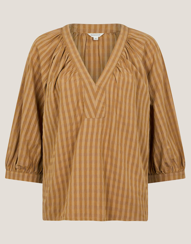 Suzi 3/4 Sleeve Check Top, TOFFEE, large