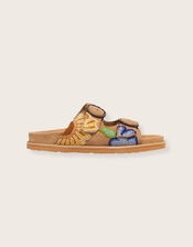 Laidback London Handwoven Crochet Double-Buckle Suede Sandals, Tan (TAN), large