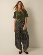 Vina Lace Trim Velvet Top, Green (KHAKI), large