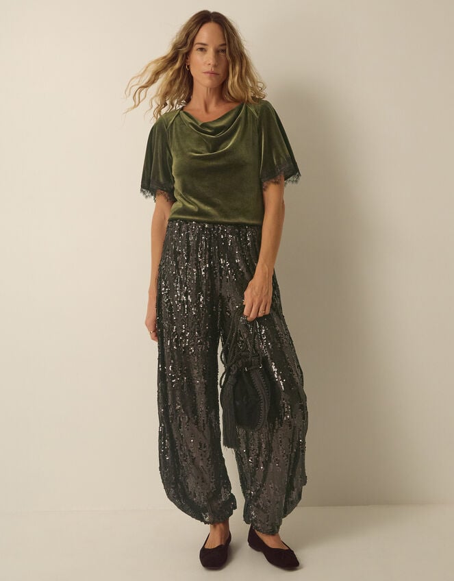 Vina Lace Trim Velvet Top, Green (KHAKI), large