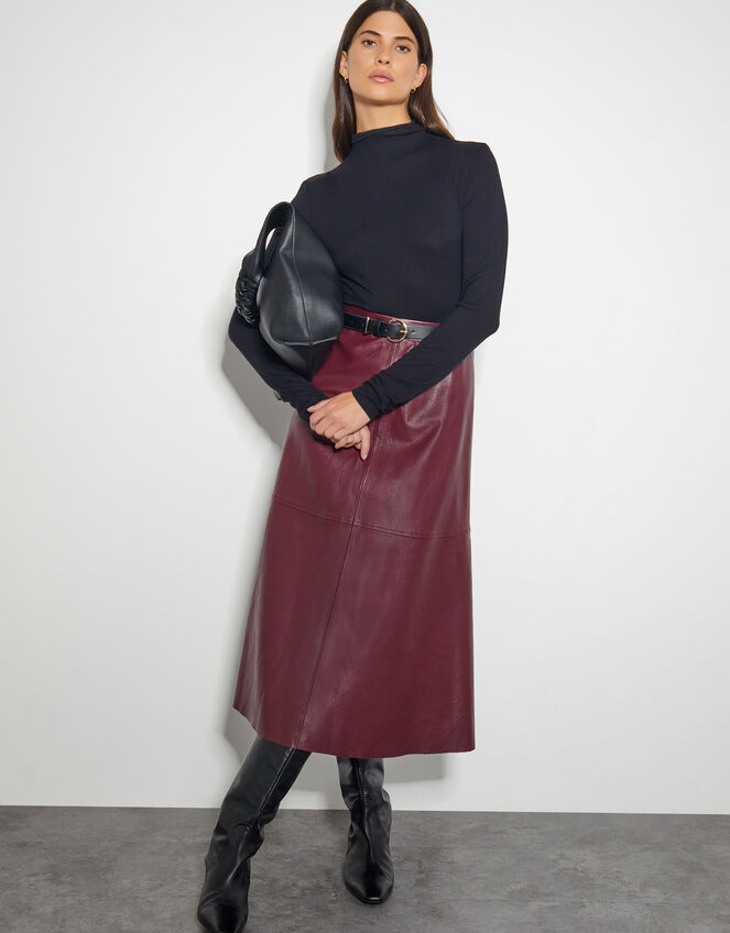 Pippa Faux Leather Midi Skirt, Red (BURGUNDY), large