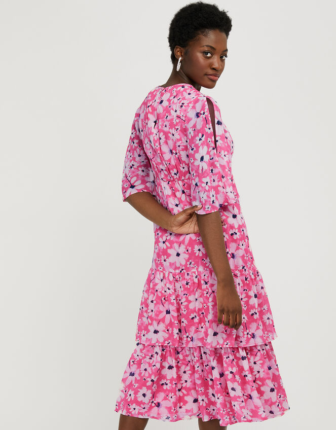 Daisy Print Tiered Midi Dress, Pink (PINK), large