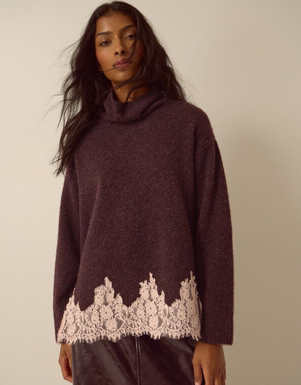 Lana Lace Funnel Neck Sweater, Brown (CHOCOLATE), large