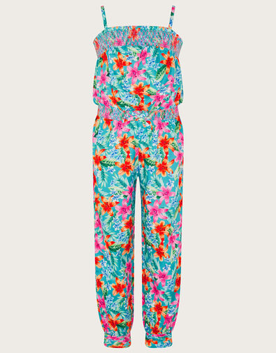 Tropical Shirred Jumpsuit in Recycled Polyester, Green (GREEN), large
