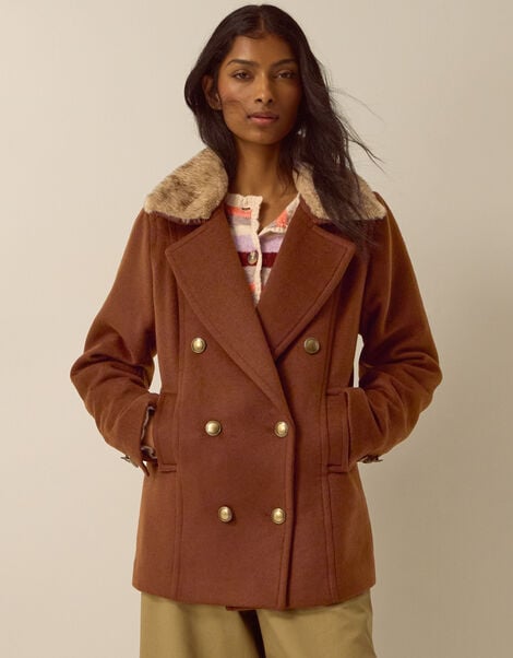 Sabrina Faux Fur Collar Pea Coat, Brown (BROWN), large