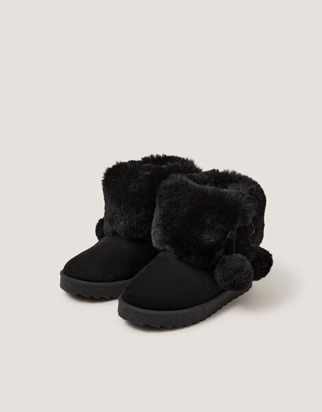 Fluffy Pom Ankle Boots, Black (BLACK), large