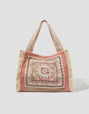 Rose Embellished Tassel Tote Bag, , large