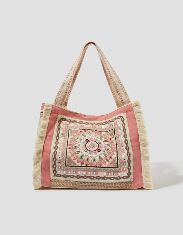 Rose Embellished Tassel Tote Bag, , large