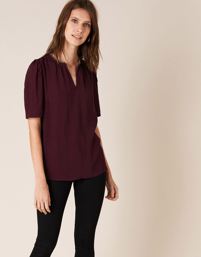 Embellished Neck Top with LENZING™ ECOVERO™, Purple (PURPLE), large