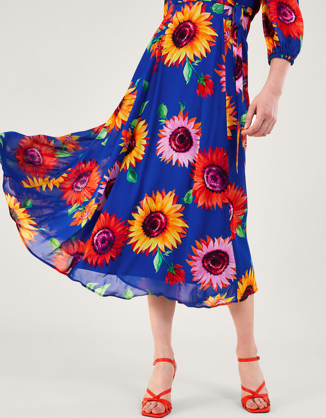 Francesca Floral Print Wrap Dress in Sustainable Viscose, Blue (COBALT), large