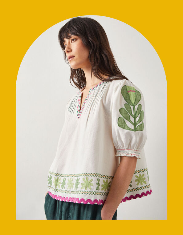 East Valeria Appliqué Puff Sleeve Top, Ivory (IVORY), large