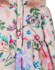 Baby Pixie Floral Padded Coat with Faux Fur Hood, Pink (PINK), large