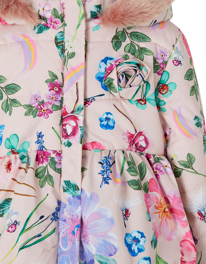 Baby Pixie Floral Padded Coat with Faux Fur Hood, Pink (PINK), large