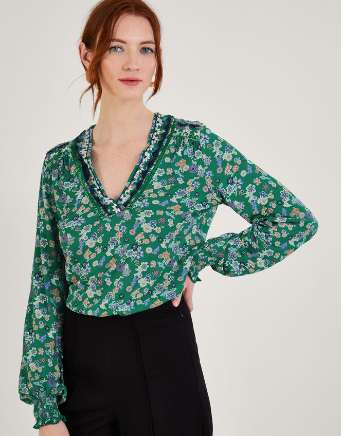 Ditsy Embellished Shirred Jersey Top, Green (GREEN), large