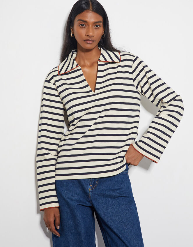 Sami Stripe Long Sleeve Collar Top, Ivory (IVORY), large