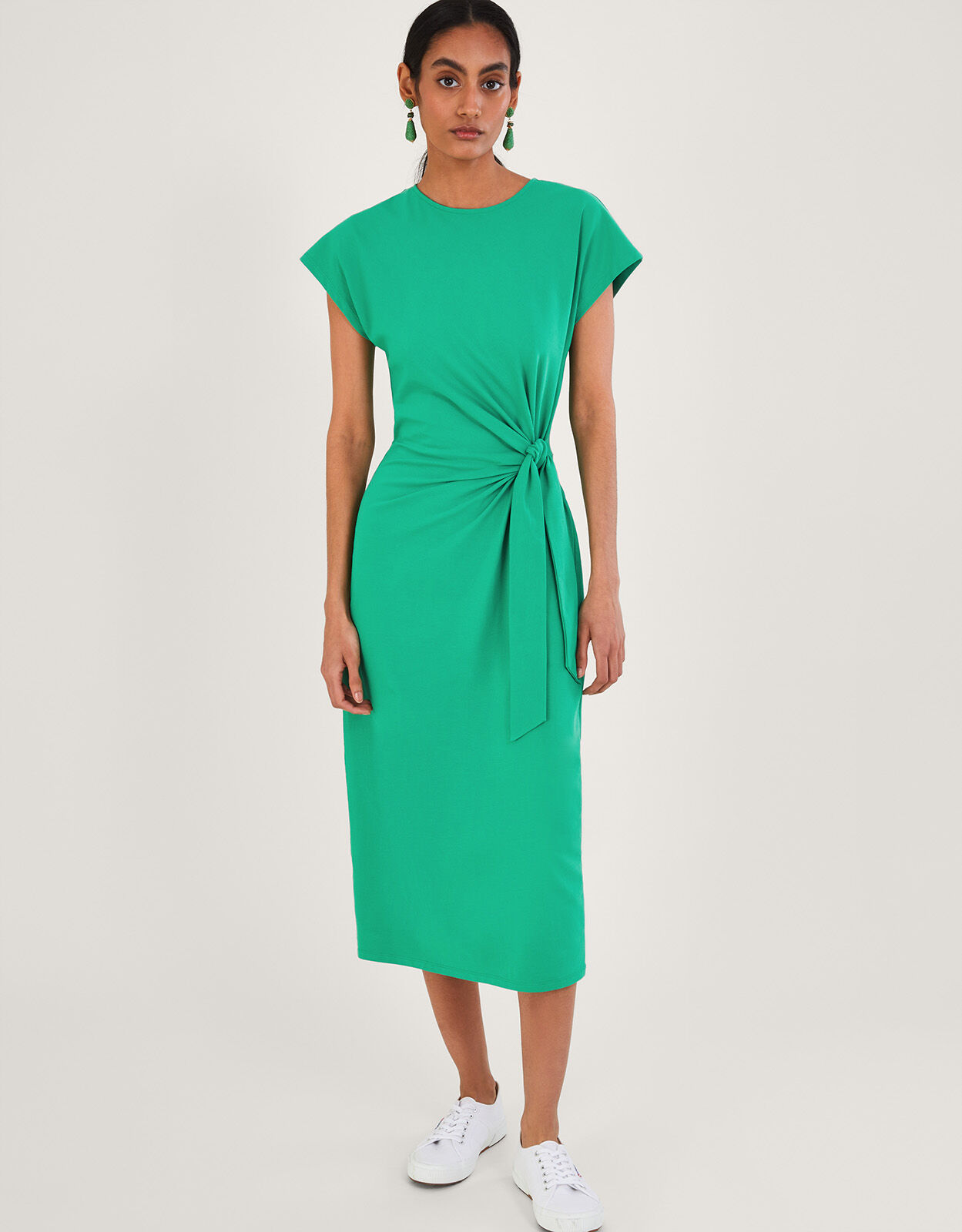 Short Sleeve Side Knot Midi Jersey Dress with Sustainable Cotton Green