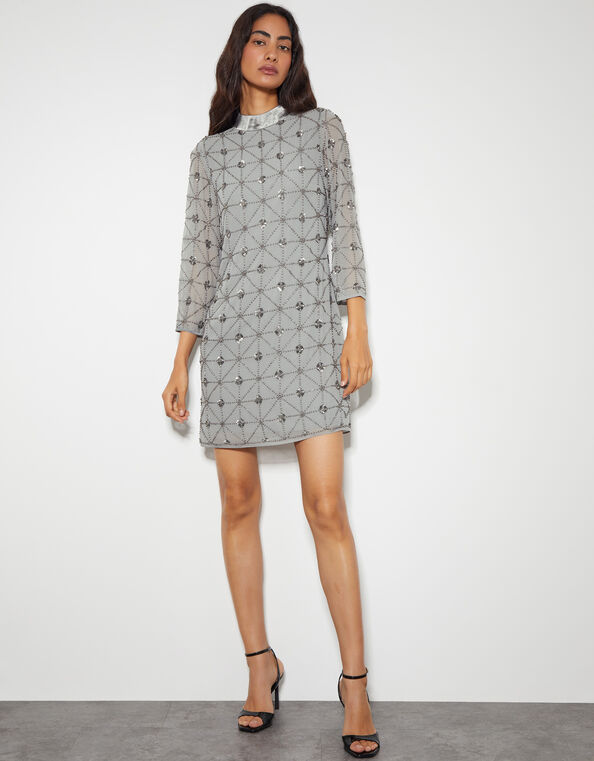 Adele Hand-Beaded Long Sleeve Mini Dress, Grey (GREY), large