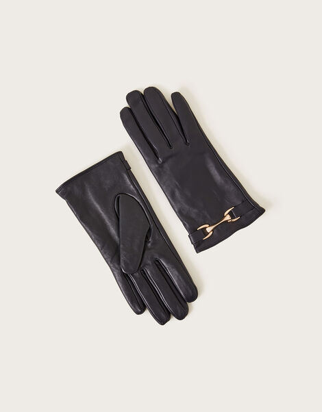 Leather Metal Trim Gloves, Blue (NAVY), large