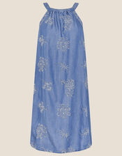 Denim Embroidered Halter Dress, Blue (BLUE), large