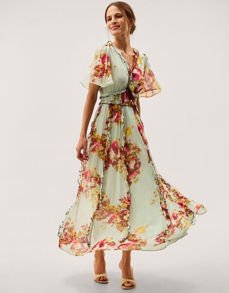 Perrie Frill Floral Print Maxi Dress, Green (SAGE), large
