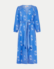 East Amber Hand-Screen Floral Print Midi Dress, Blue (BLUE), large