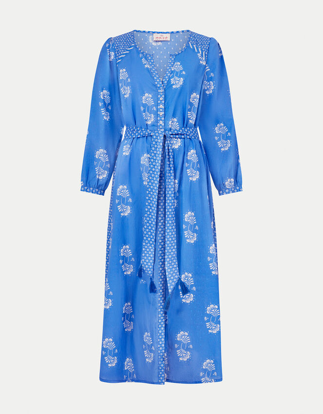 East Amber Hand-Screen Floral Print Midi Dress, Blue (BLUE), large