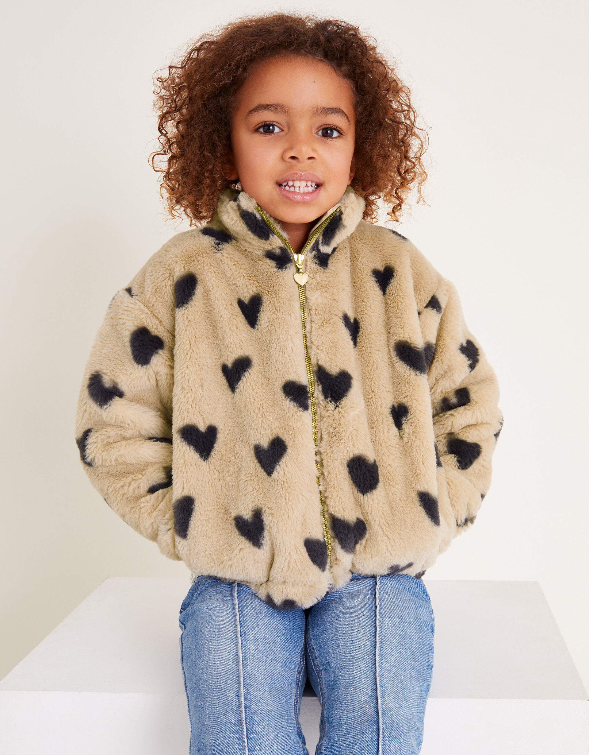 Fluffy Heart Print Zipper Fleece Jacket Natural