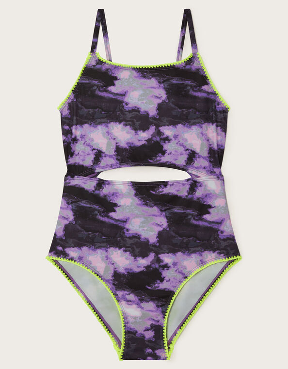 Marble Print Cut-Out Swimsuit, Purple (PURPLE), large