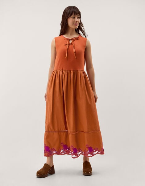 Fiona Sleeveless Floral Embroidered Maxi Dress, Orange (RUST), large