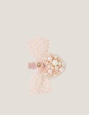 Pearl Heart Bow Hair Clip, , large