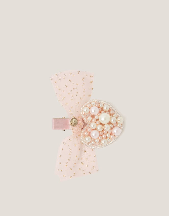 Pearl Heart Bow Hair Clip, , large