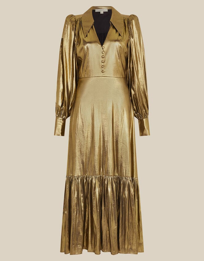 Monsoon x Queens of Archive Bianca Pointed Collar Metallic Maxi Dress​, Gold (GOLD), large