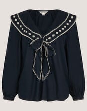 Lola Embroidered Sailor Collar Top, Blue (NAVY), large