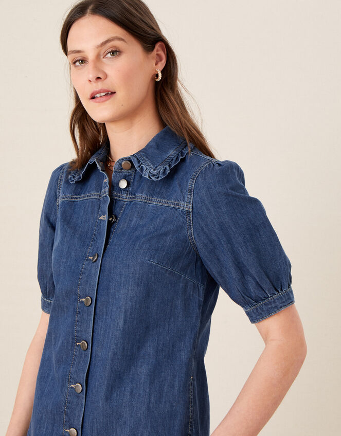 Ruffle Collar Denim Dress, Blue (DENIM BLUE), large