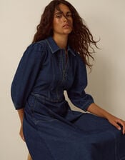 Erin Zip Denim Midi Dress, Blue (INDIGO), large