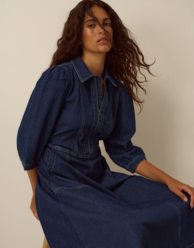 Erin Zip Denim Midi Dress, Blue (INDIGO), large