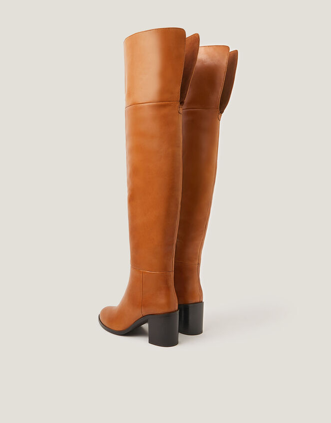 Bronte Leather Thigh High Heeled Boots, Tan (TAN), large