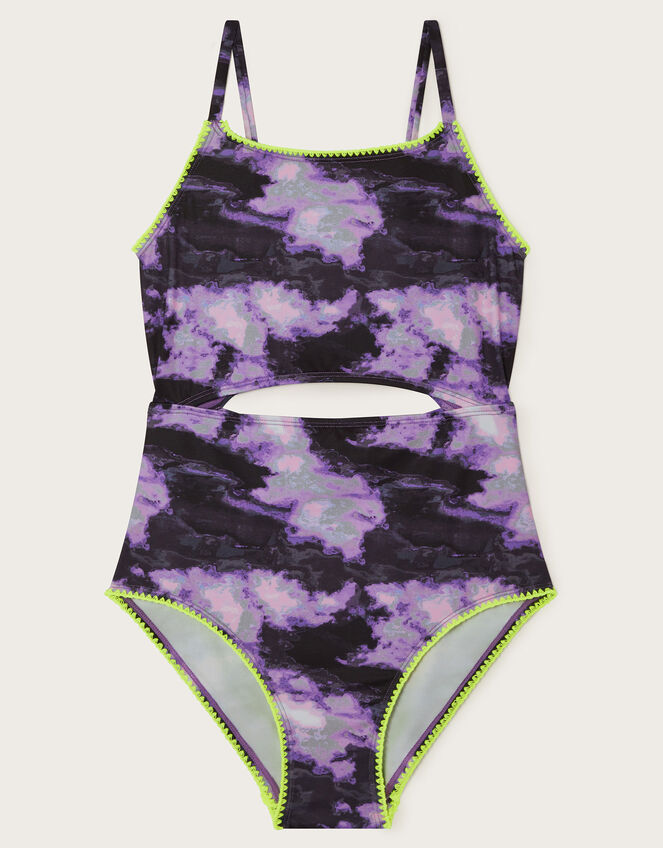 Marble Print Cut-Out Swimsuit, Purple (PURPLE), large